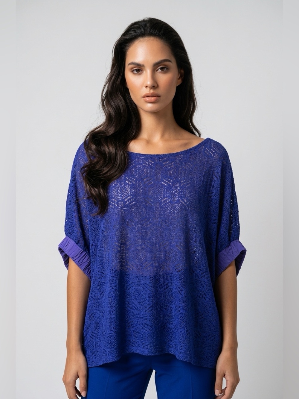 Anthropologie Akemi + Kin Bratton Blue Lace Oversized Boxy Dolman Top XS/S